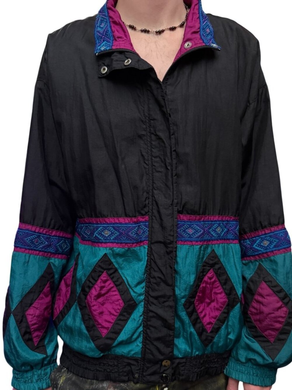 Vintage 90s Black Geometric Windbreaker Jacket